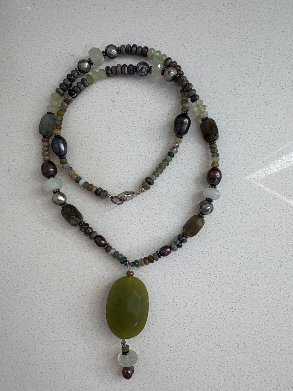 Sundance Catalog Multi Stone Faceted Jade, Pearl Necklace—BEAUTIFUL!! Sterling